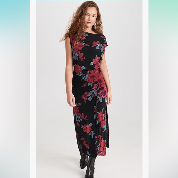 Free People Carmel Black and Red Floral Mesh Stretchy Maxi Dress. Ruched Side. L - Picture 7 of 16